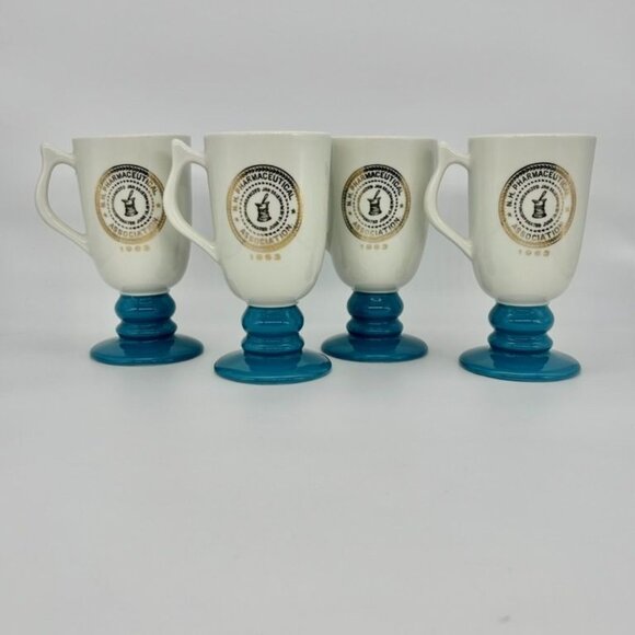 Vintage Hall China 1963 Blue Base Footed Souvenir Coffee Mug Set of 4 NH Pharma. - Picture 13 of 14